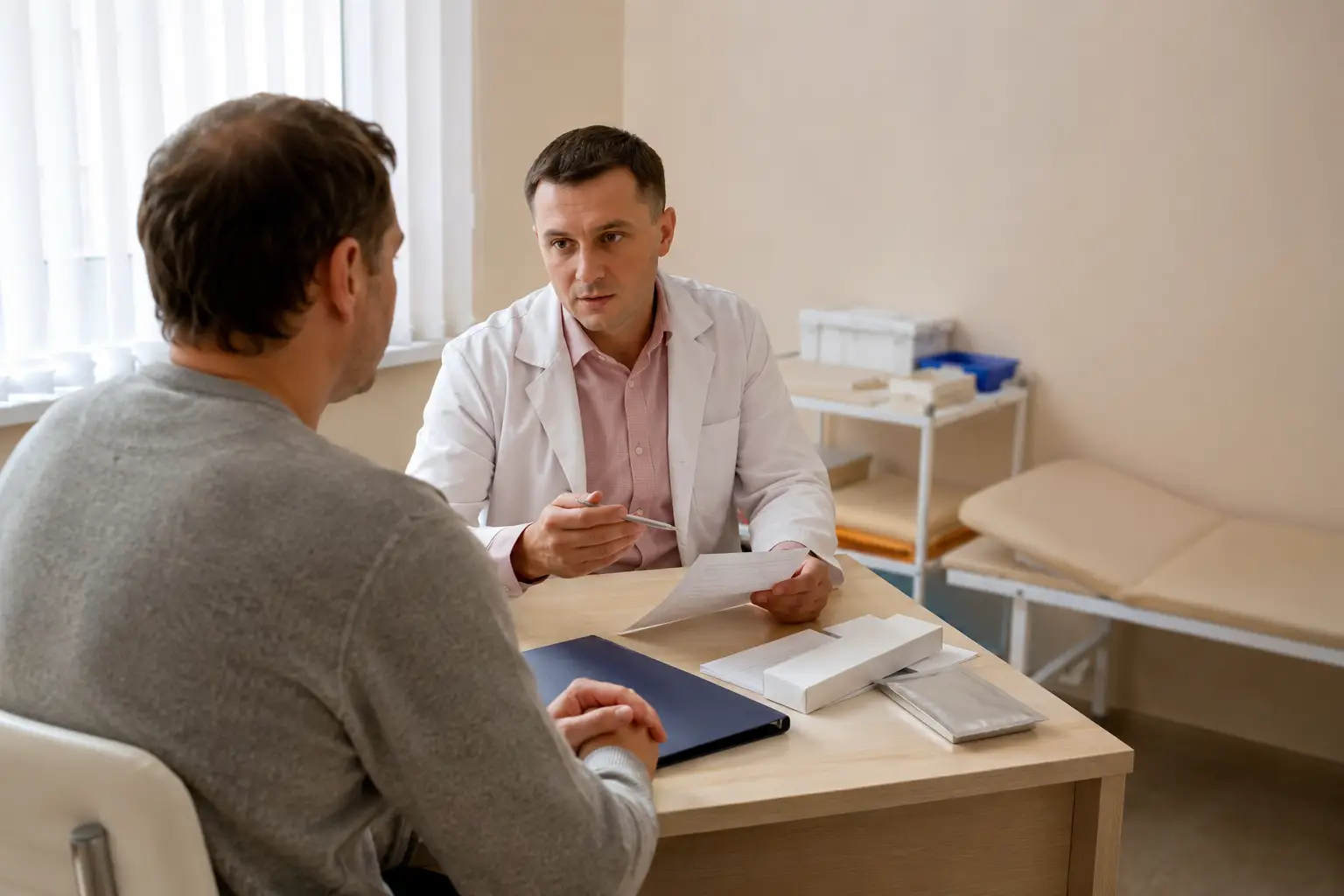 Нарколог консультирует пациента по вариантам кодирования от курения